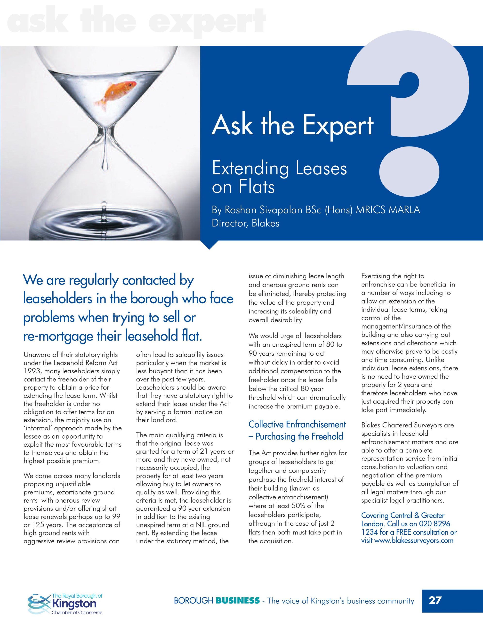 Lease Extension Issues Highlighted to Kingston Chamber of Commerce by Blakes Chartered Surveyors